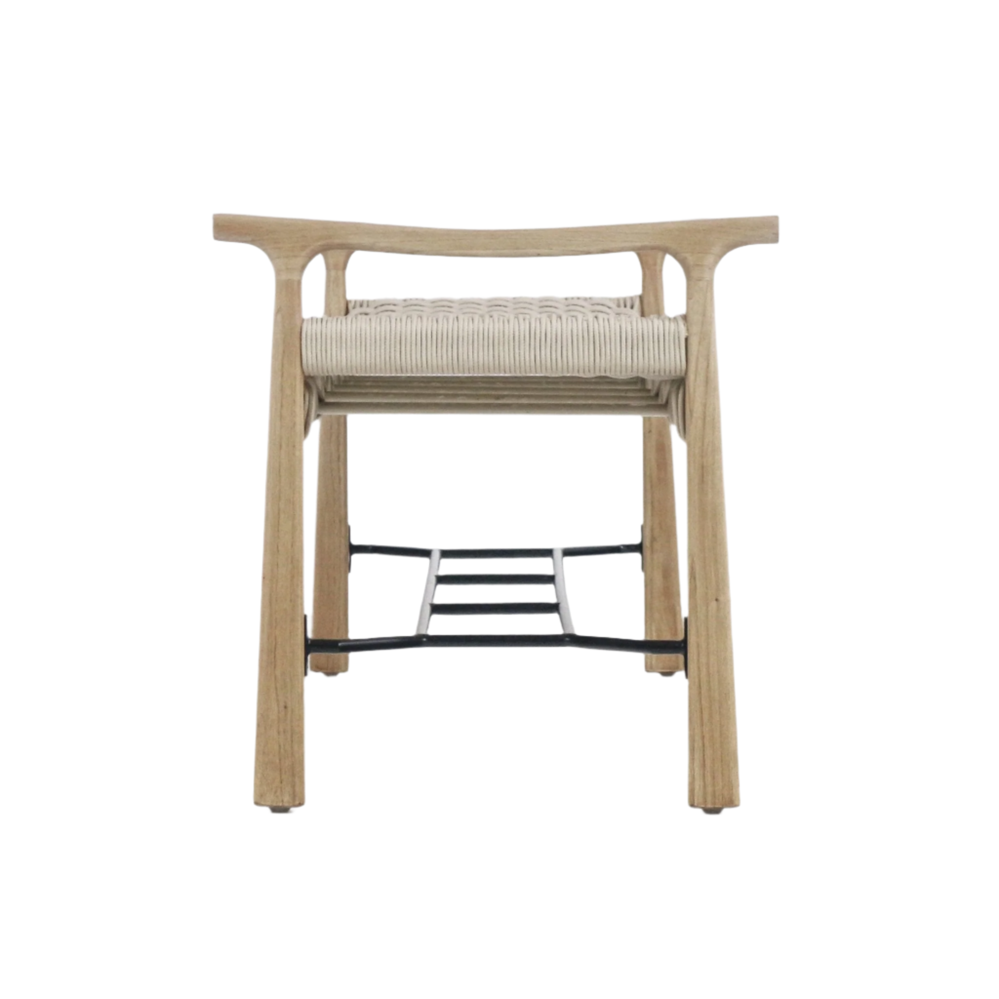 Front view of a modern natural wood entryway bench with a woven beige rope seat and black metal shoe rack underneath, showing tapered legs and low back support.