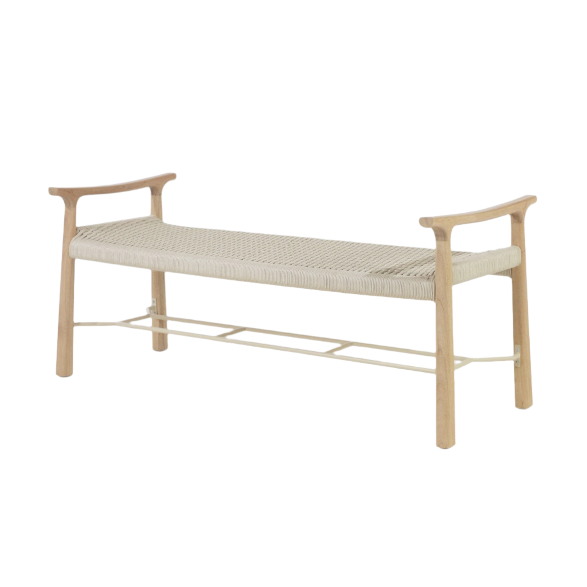 Scandinavian-style entryway bench with a beige woven rope seat, natural wood frame and curved armrests, featuring a slim light-metal shoe rack beneath the seat.