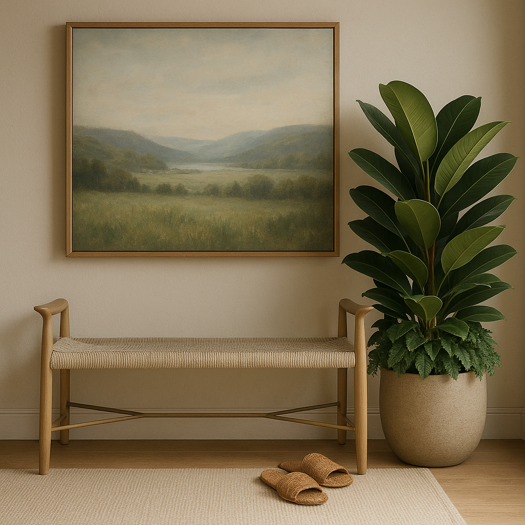 Beige natural wood entryway bench with a woven rope seat and slender arms beneath a framed landscape painting, beside a large potted plant and a pair of woven slippers on a light rug.