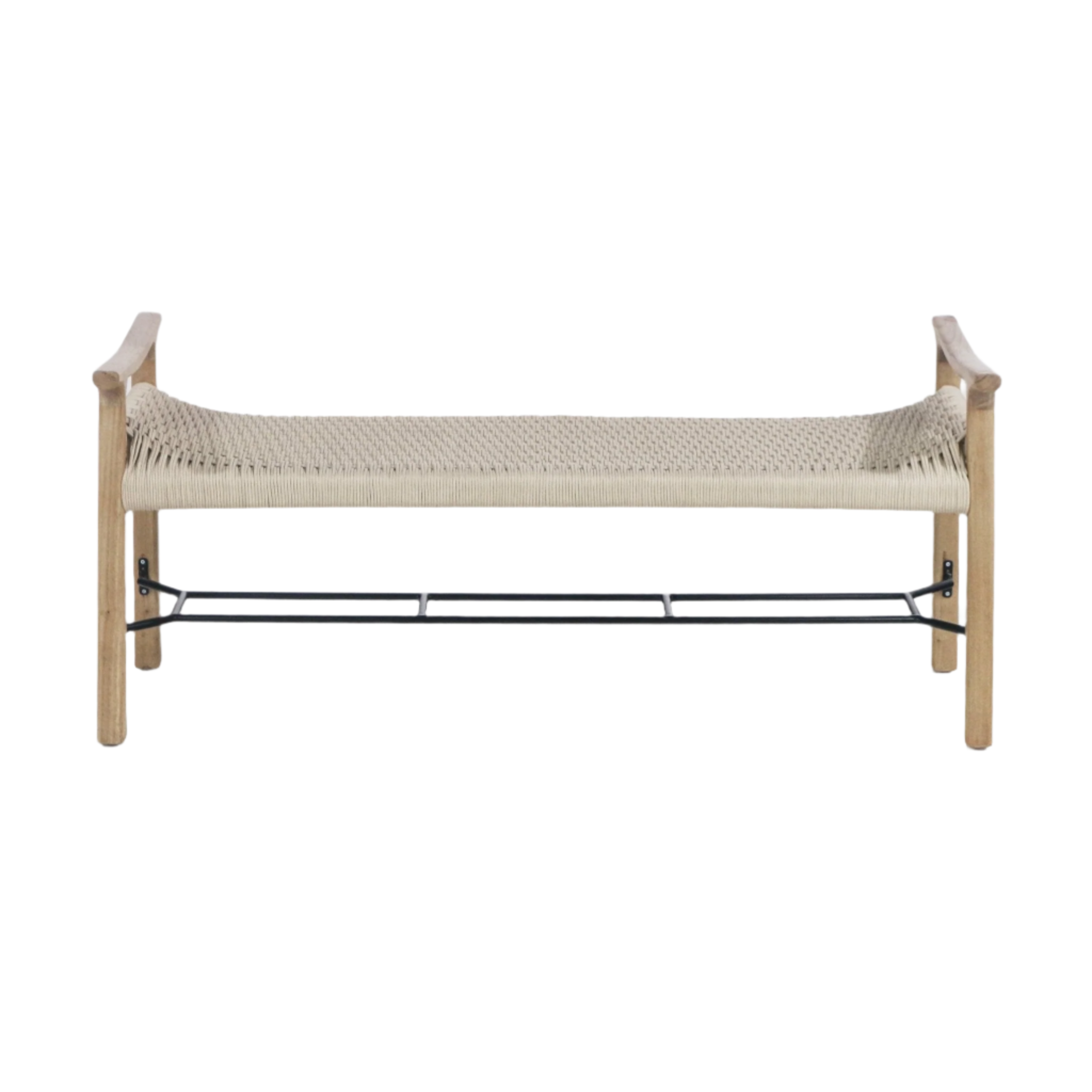 Beige woven rope-seat entryway bench with a natural wood frame, short curved armrests and a black metal shoe rack underneath, photographed on a white background.