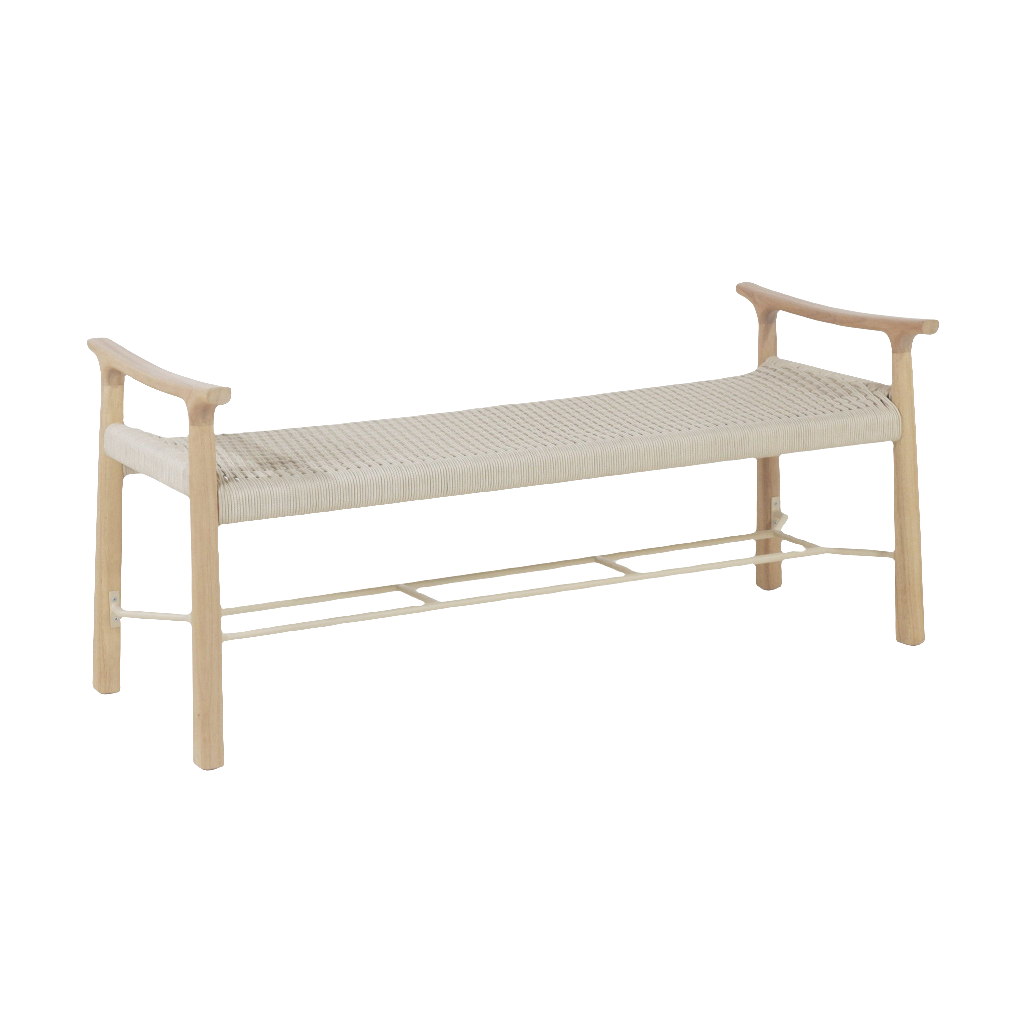 Natural wood entryway bench with a beige woven rope seat, sculpted curved armrests and a slim cream metal shoe rack underneath, photographed on a white background.