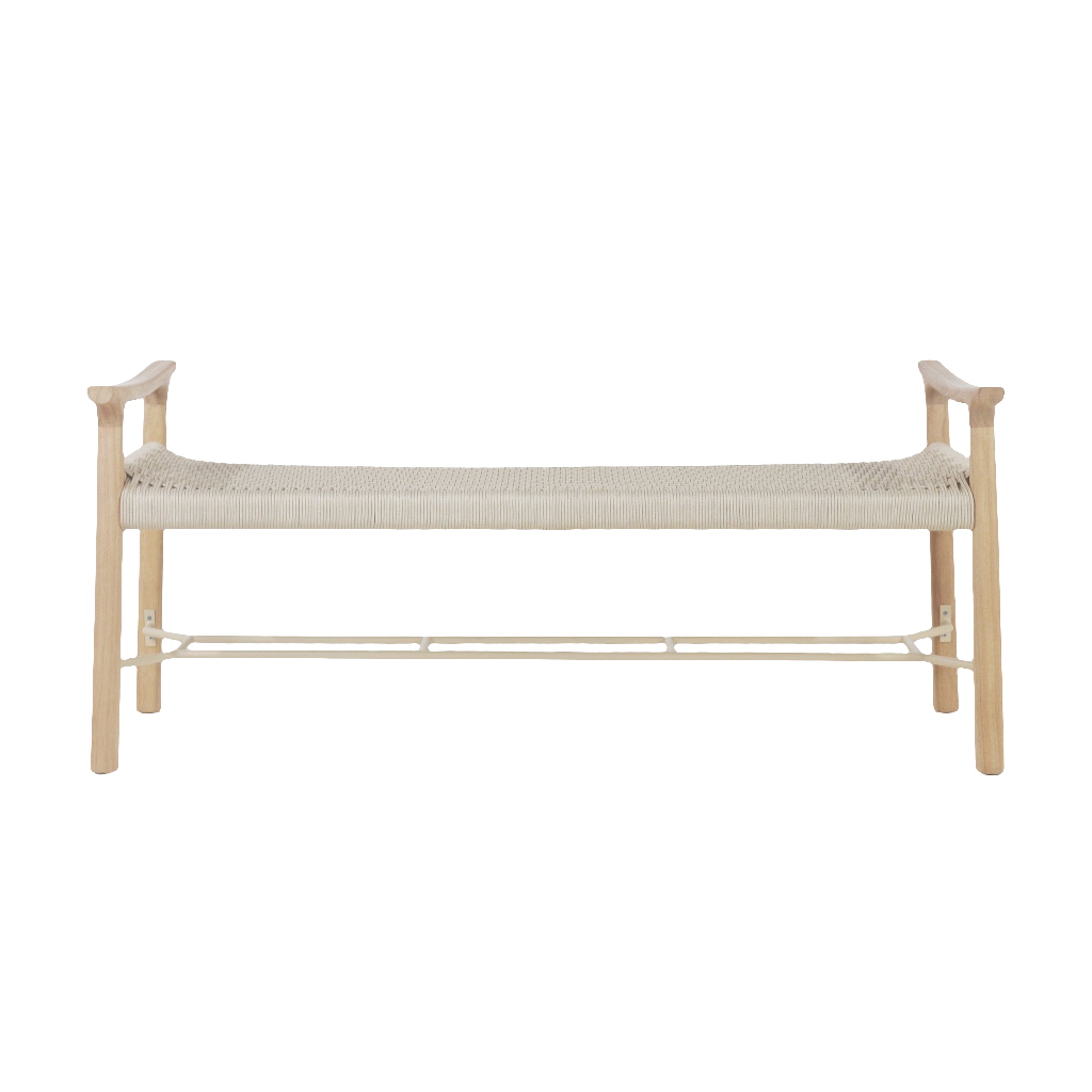 Scandinavian-style entryway bench with a light natural wood frame, woven beige rope seat, gently curved armrests, and a low beige metal shoe rack for storage underneath.