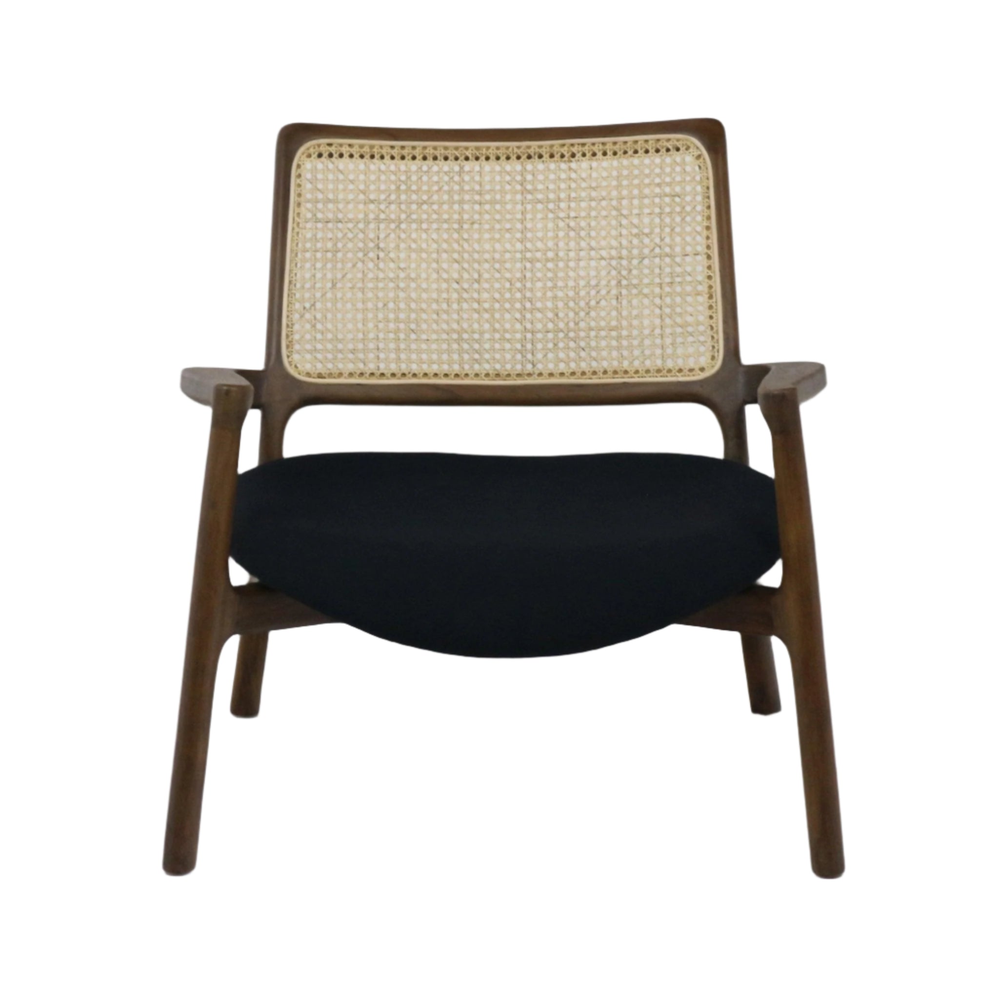 Mid-century modern teak lounge chair with a woven cane backrest and black fabric upholstered seat, low-profile wooden frame and tapered angled legs.