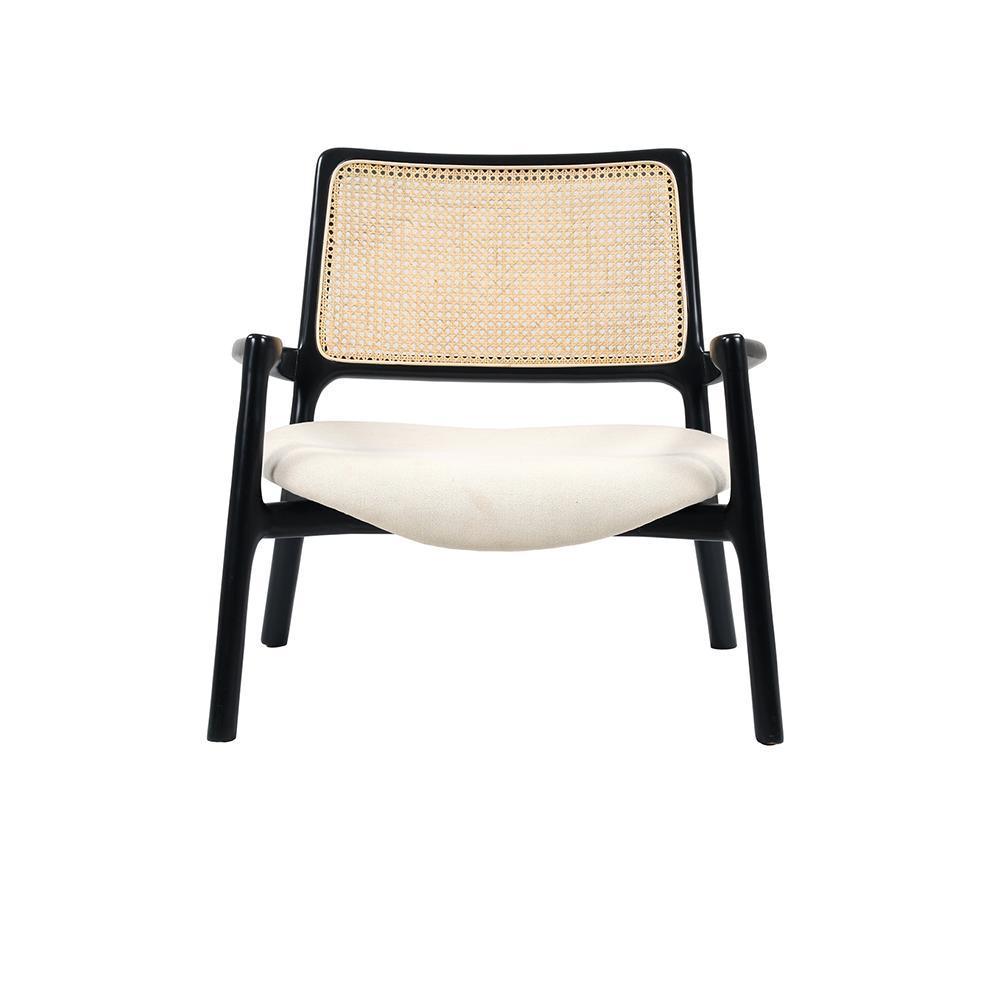 Front view of a modern mahogany wood lounge chair with a woven cane backrest and a cushioned ivory fabric seat, low-profile silhouette with curved armrests and angled legs on a white background.