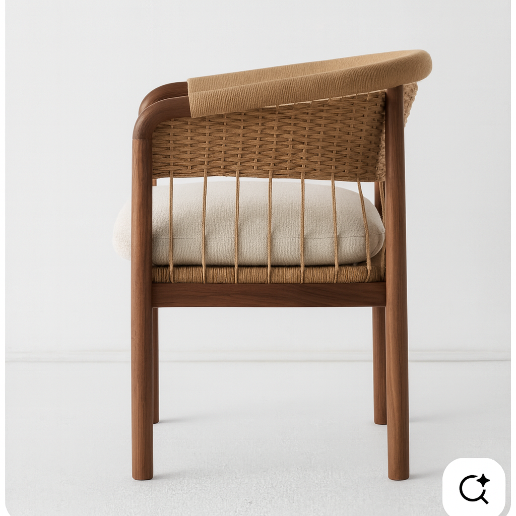 Side view of a wooden dining chair with a curved walnut frame, woven rattan backrest, vertical natural-fiber cord supports and a cream upholstered seat cushion against a neutral background.