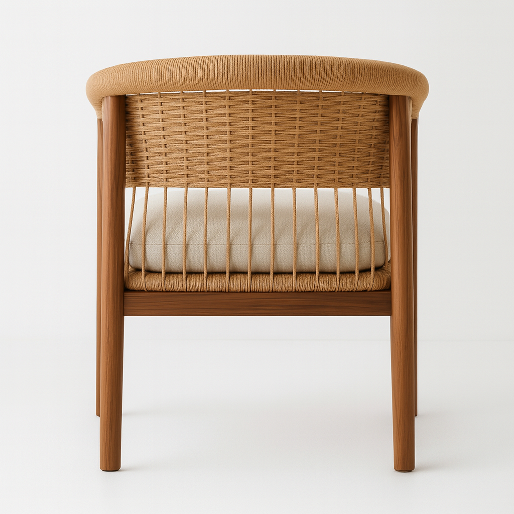 Rear view of a wooden lounge chair with woven rope back and wrapped top rail, vertical cord slats and a thick beige upholstered seat cushion on a warm natural wood frame against a white background.