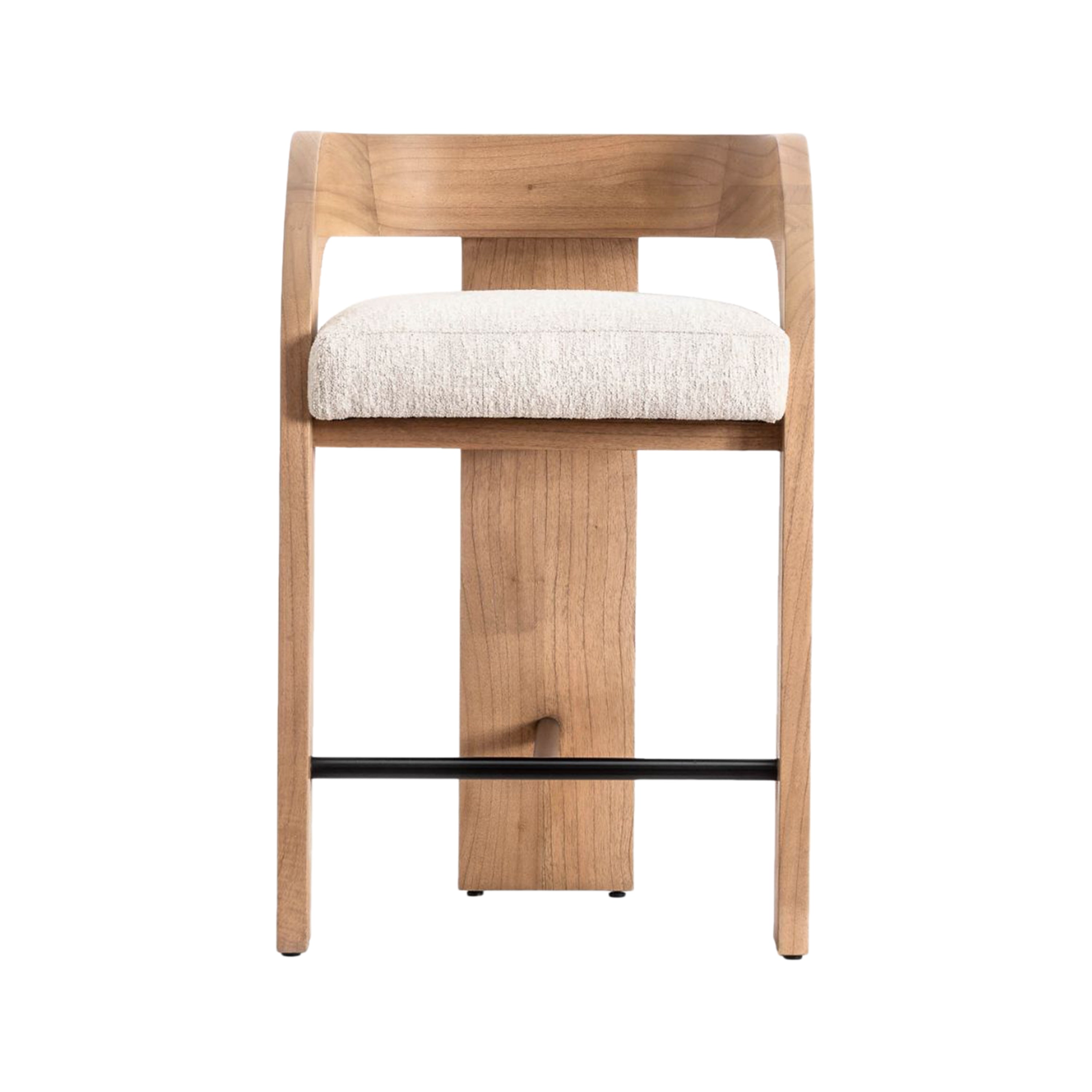 Front view of a modern Scandinavian counter stool with a natural wood U-shaped back and integrated armrests, cream fabric upholstered seat and a black metal footrest.
