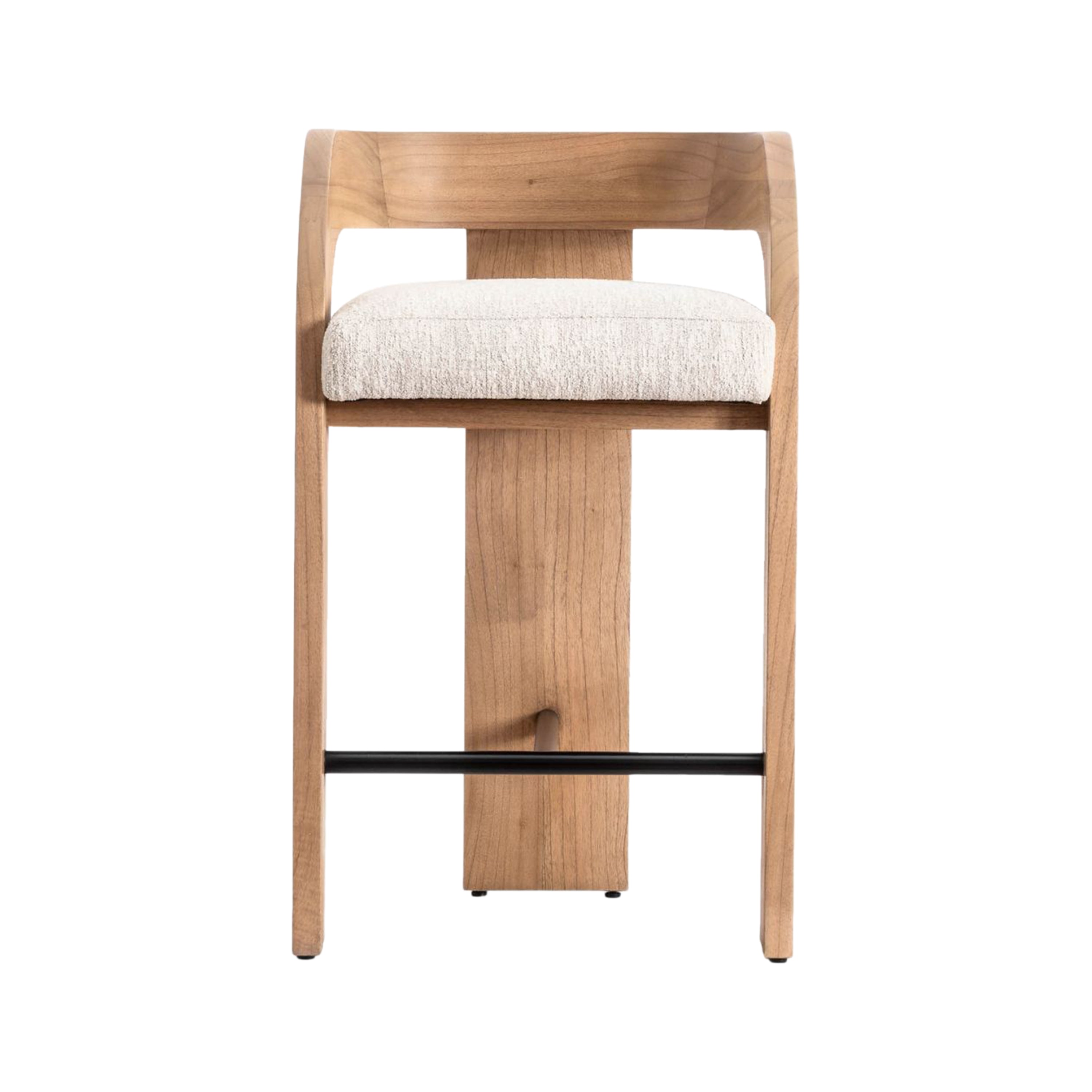 Front view of a modern Scandinavian counter stool with a natural wood U-shaped back and armrests, cream textured upholstered seat cushion and a black metal footrest bar.