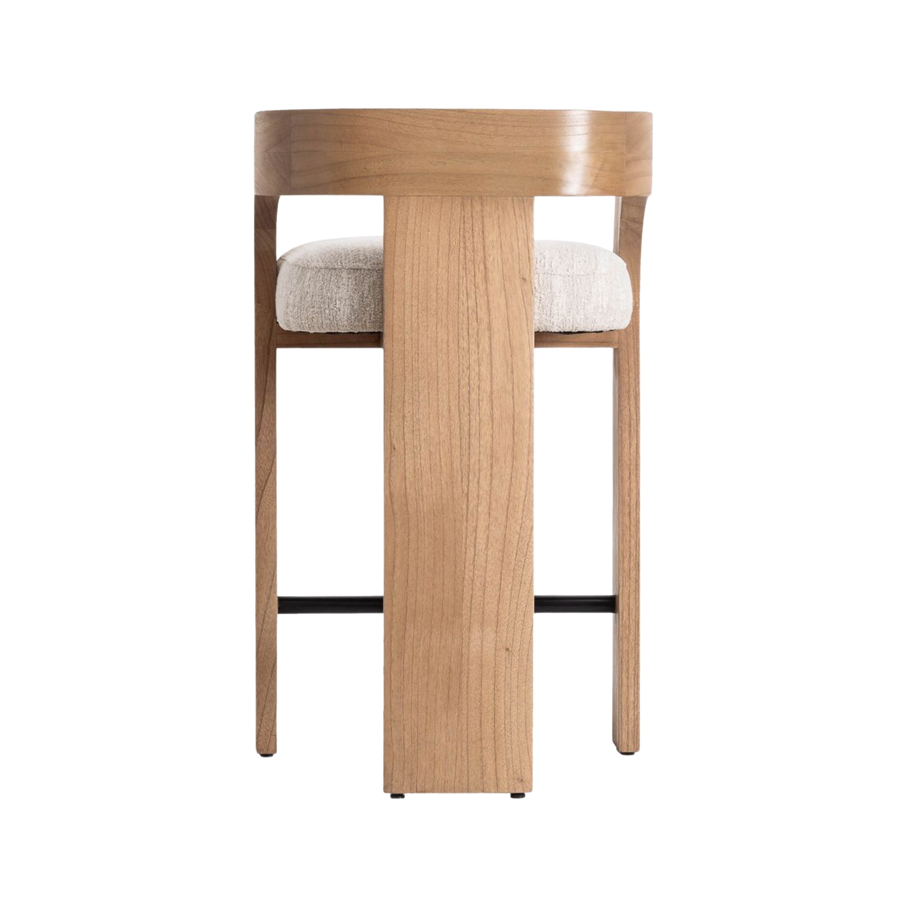 Rear view of a natural wood counter stool with a curved U-shaped back and short armrests, cream fabric upholstered seat, and a black metal footrest in a modern Scandinavian style.