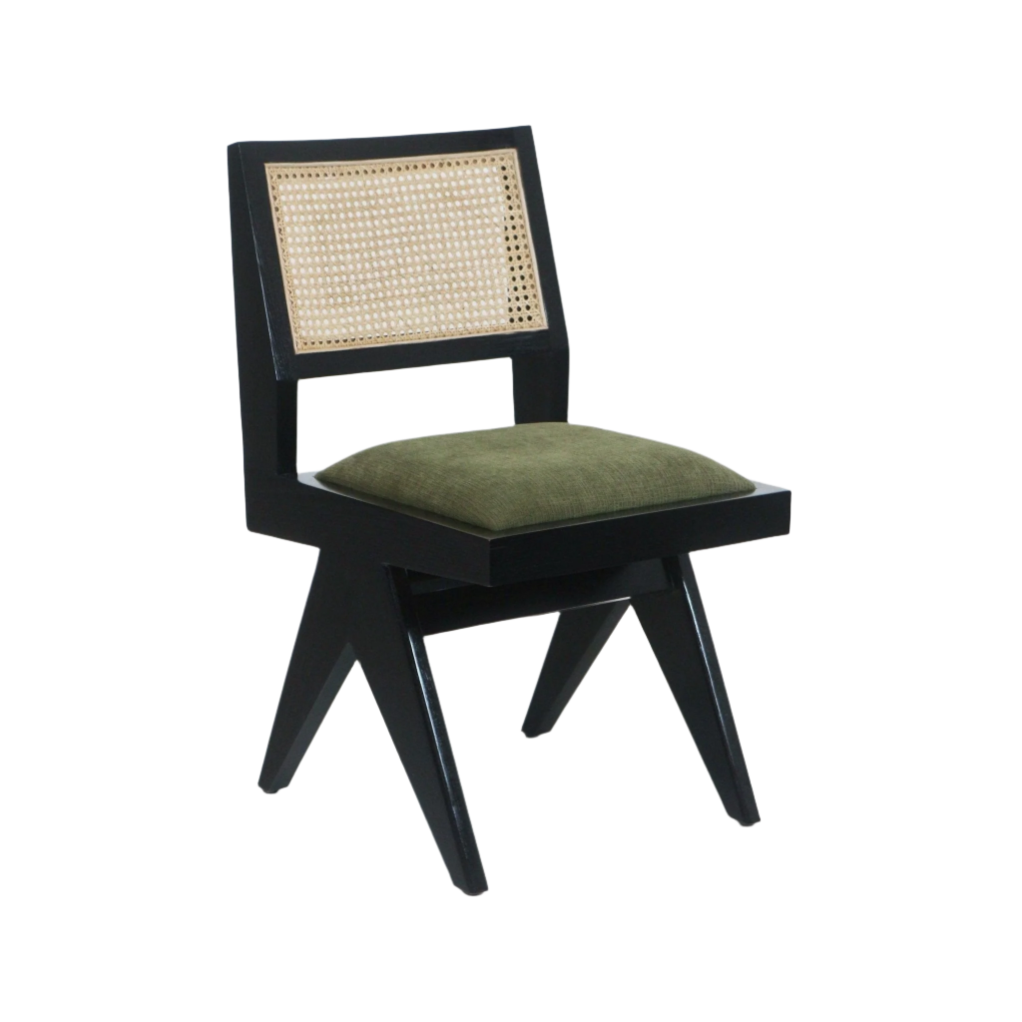Armless side chair with a black solid wood frame, natural cane backrest and olive-green upholstered seat cushion, featuring angled mid-century inspired legs on a white background.