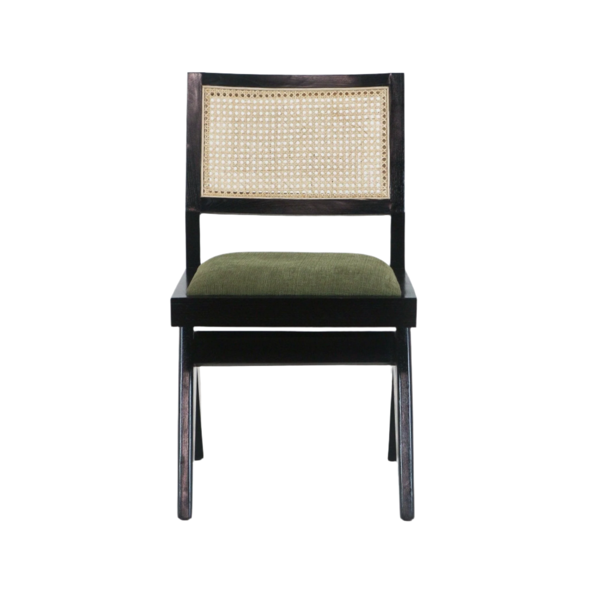 Front view of an armless dining chair with a black solid wood frame, natural cane woven backrest and green upholstered seat in a mid-century modern style.