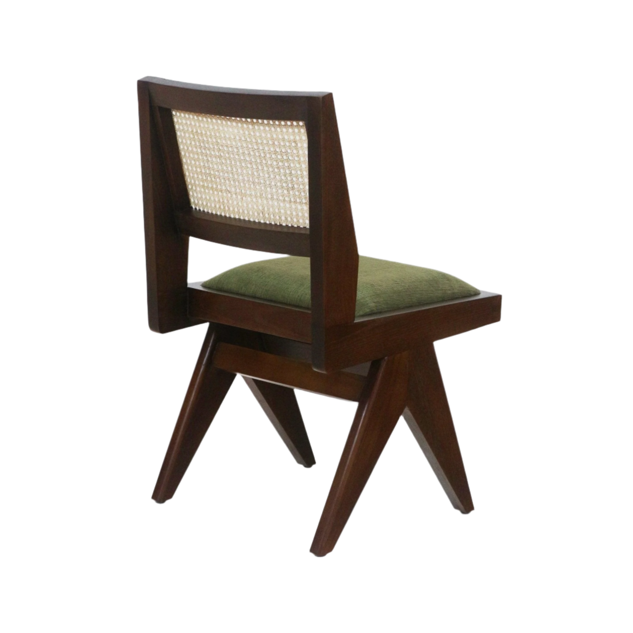 Armless mid-century modern side chair with a dark-stained solid wood frame, natural woven cane back and green upholstered seat cushion, shown three-quarter rear view highlighting its splayed angled legs.