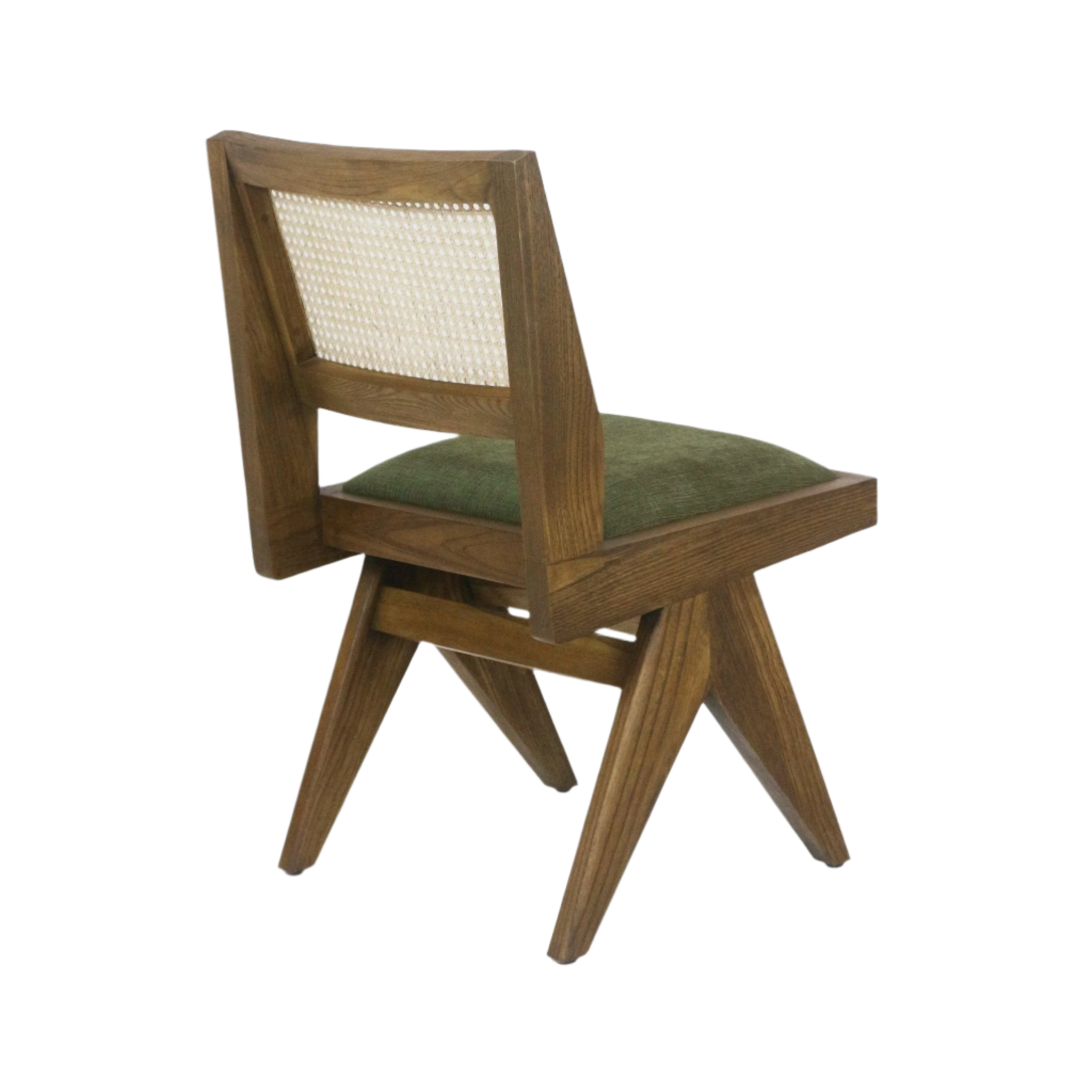Armless mid-century modern side chair in medium brown ash wood with a woven cream cane back and green chenille upholstered seat, shown three-quarter rear view highlighting the angled splayed legs and solid wood frame.
