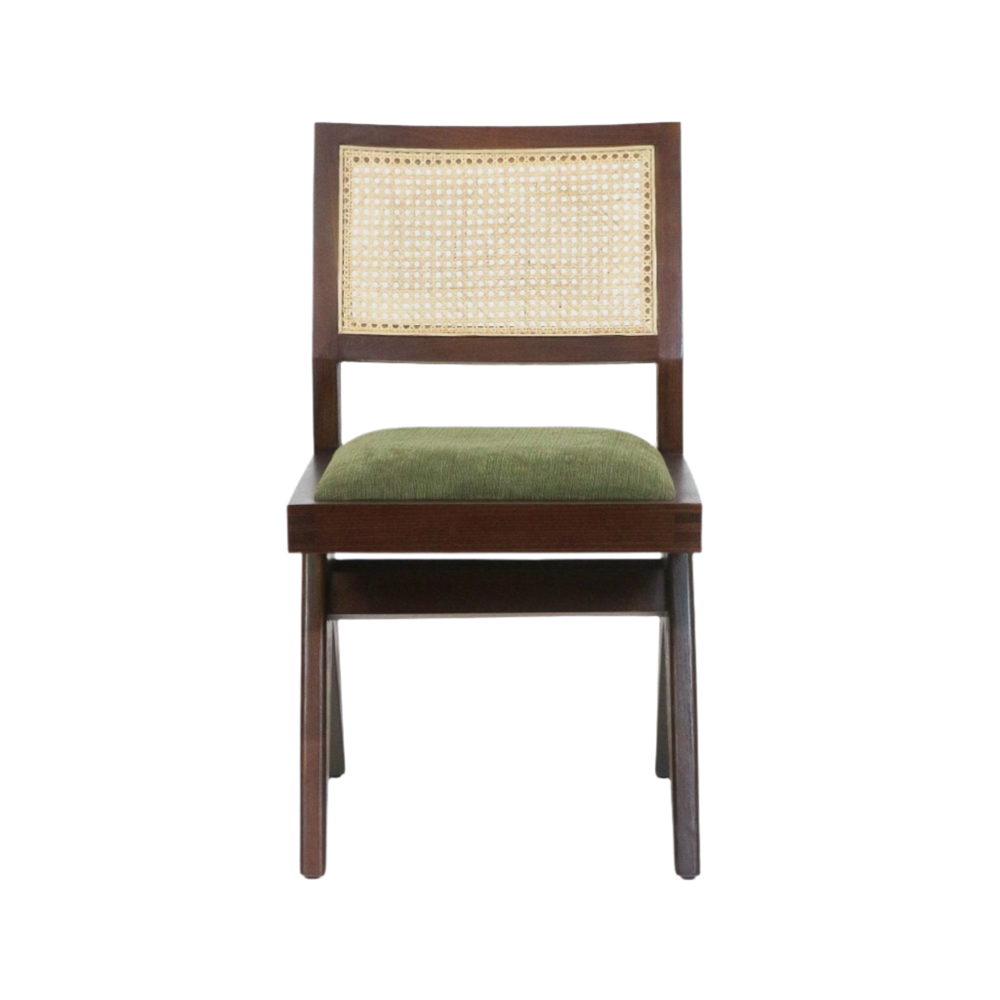 Front view of an armless mid-century dining chair with a medium brown ash wood frame, natural woven cane backrest, and a green upholstered seat cushion.