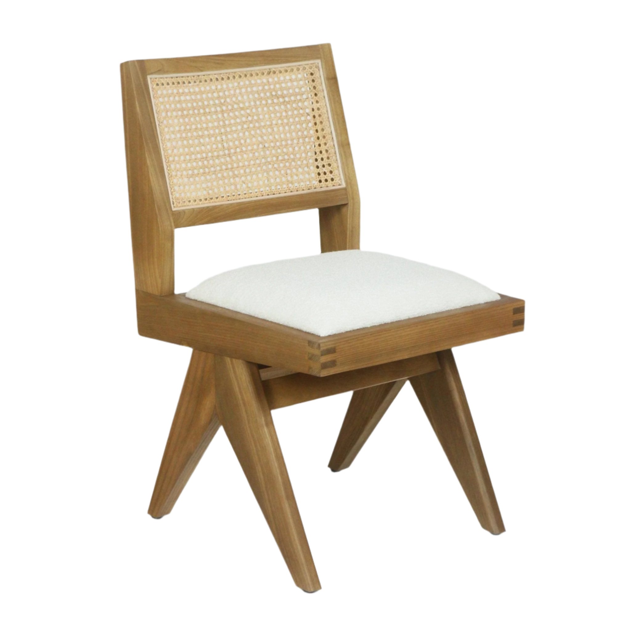 Armless mid-century modern side chair with a natural ash wood frame, woven cane backrest and a cream boucle upholstered seat set on angled splayed legs.