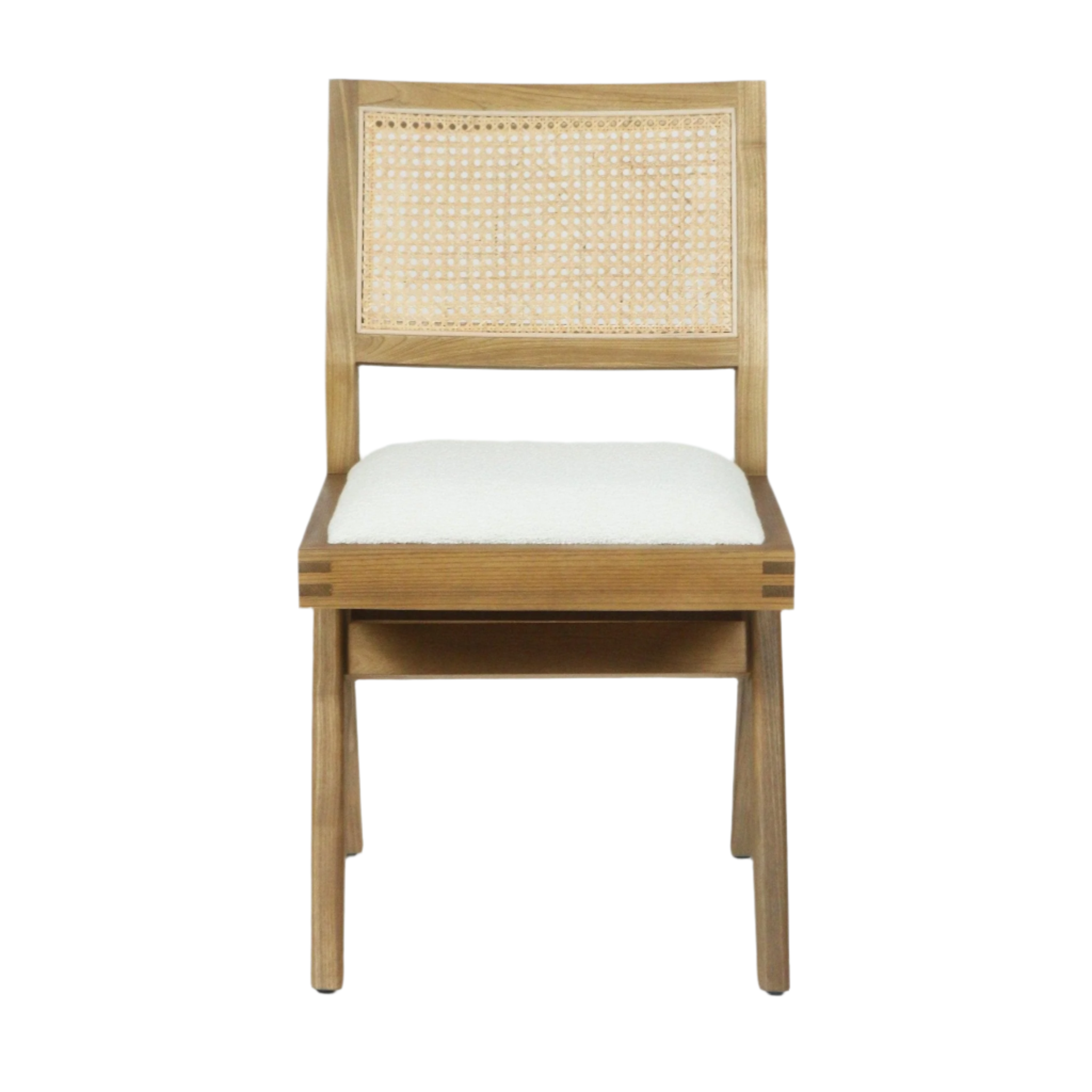Front view of an armless mid-century modern side chair with a natural ash wood frame, woven cane back panel and a cream boucle upholstered seat cushion.