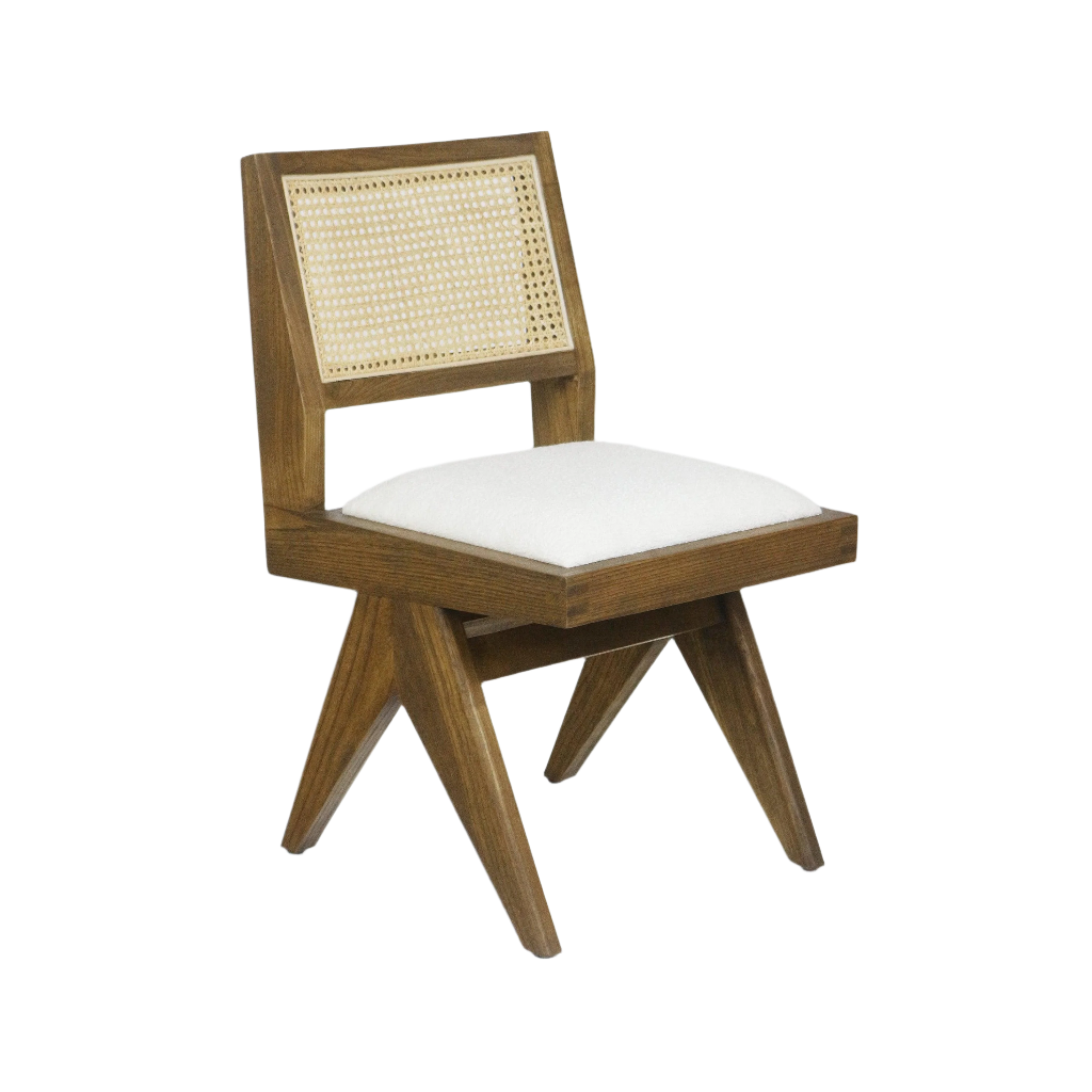 Armless mid-century modern side chair with a natural wood frame, woven cane backrest and cream boucle upholstered seat on angled splayed legs.