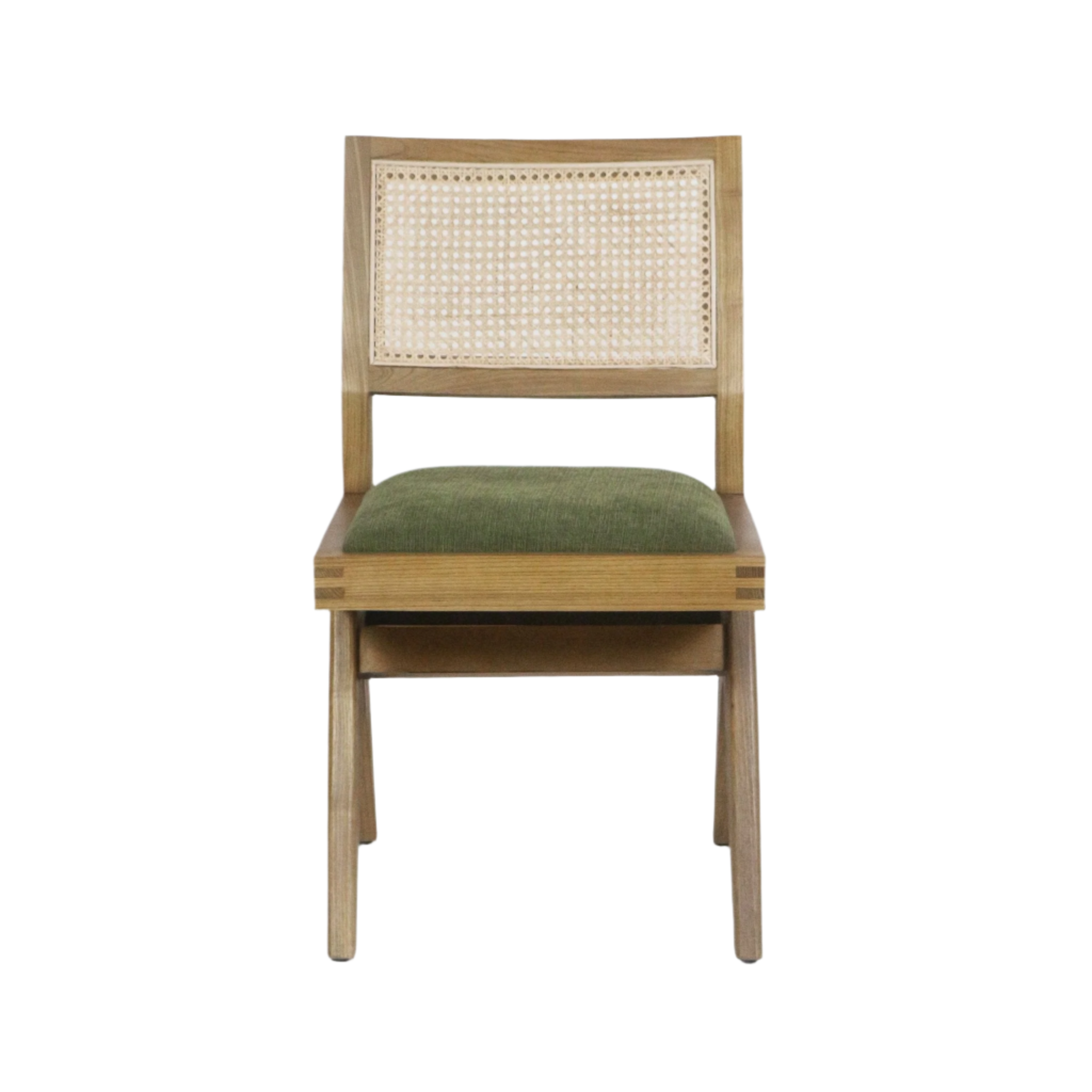 Front view of a mid-century modern armless side chair with a solid ash wood frame, woven cane backrest and a green chenille upholstered seat.