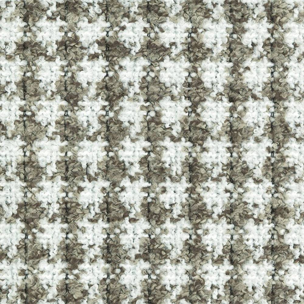 Close-up of beige, gray and white boucle upholstery fabric showing a textured looped weave in a subtle checker pattern, suitable for contemporary sofas; 70% acrylic, 30% polyester.