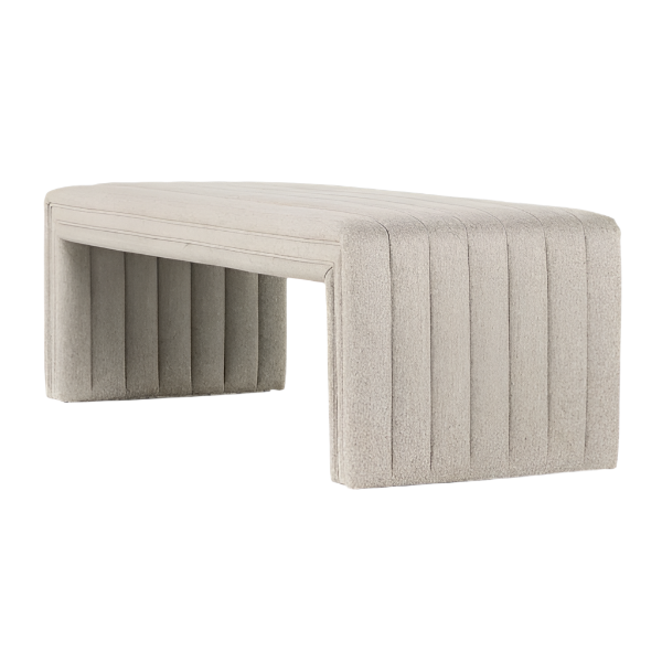 Natural beige boucle fabric end-of-bed bench with vertical channel stitching, low rectangular seat and wrapped U-shaped sides in a modern coastal style, shown on a white background.