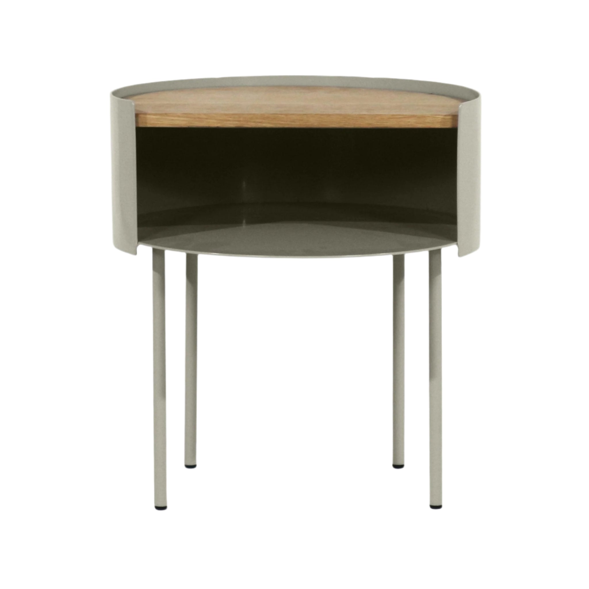 Modern nightstand with a white oak top and light-gray steel base, featuring an open rounded storage shelf and four slender metal legs.