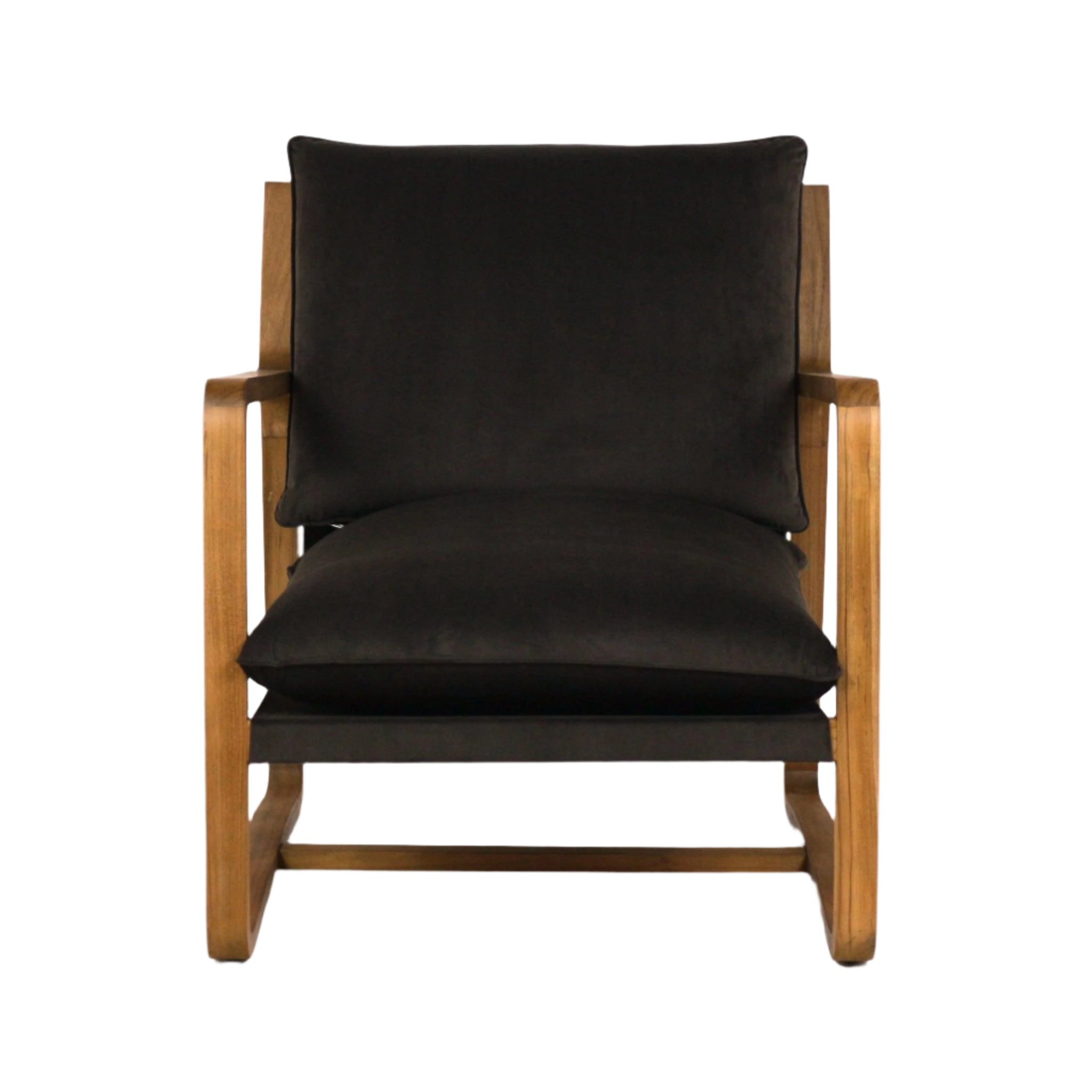 Front view of an olive-green velvet upholstered accent chair with a solid oak frame, angled wooden arms and plush seat and back cushions in a mid-century modern style.
