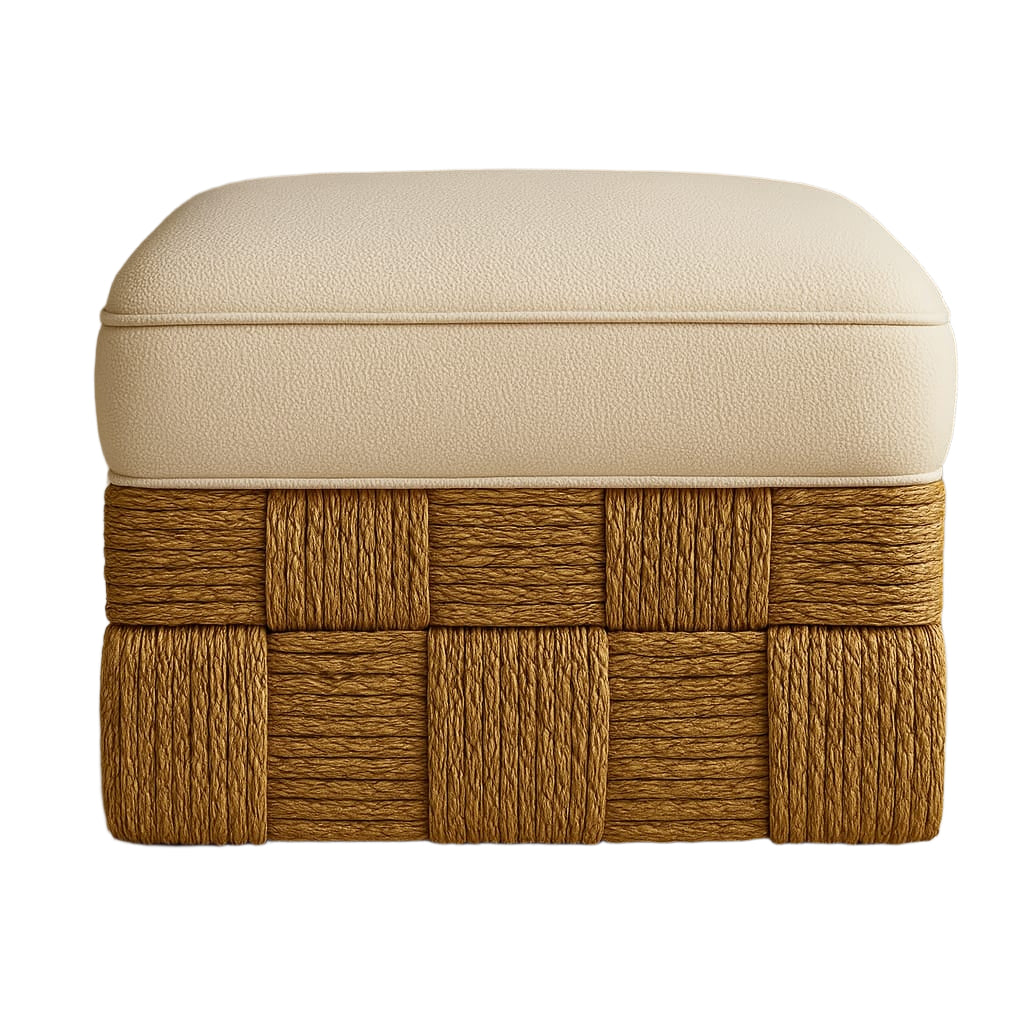 Front view of a square footstool with a cream boucle cushion top and a natural brown woven sisal base in a checkerboard basketweave pattern.