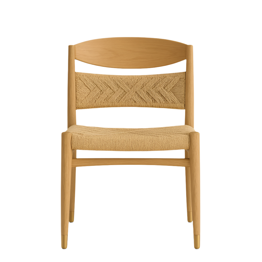 Front view of a natural wood mid-century modern dining chair with a woven natural-fiber seat and chevron-pattern backrest, armless frame and tapered legs with brass-capped feet.
