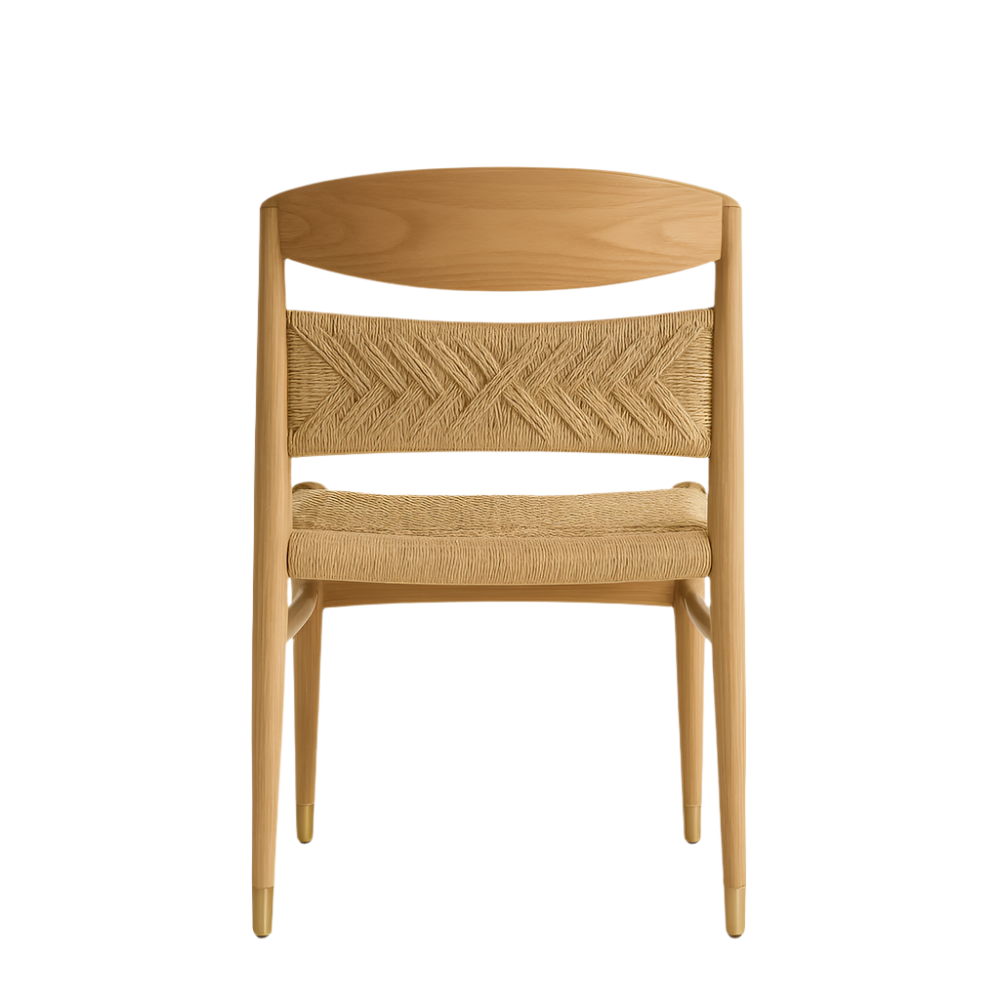 Armless mid-century modern dining chair in natural solid wood, front view showing a curved wooden top rail and woven natural-fiber seat and back with herringbone pattern, tapered legs with brass-capped feet.