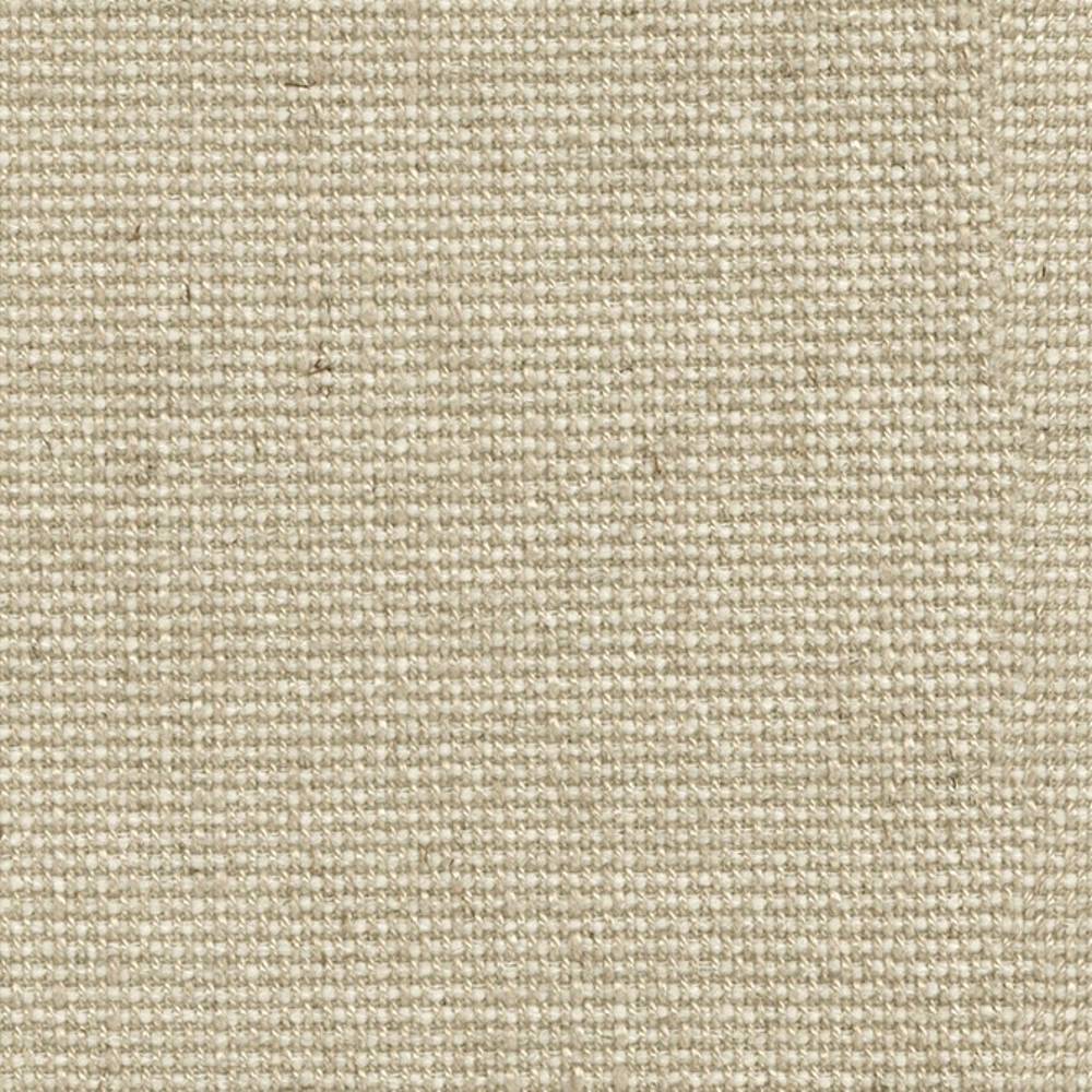 Close-up of a neutral beige woven upholstery fabric swatch showing tight basket-weave texture and subtle slub variations; composed of viscose, linen, acrylic and polyester.