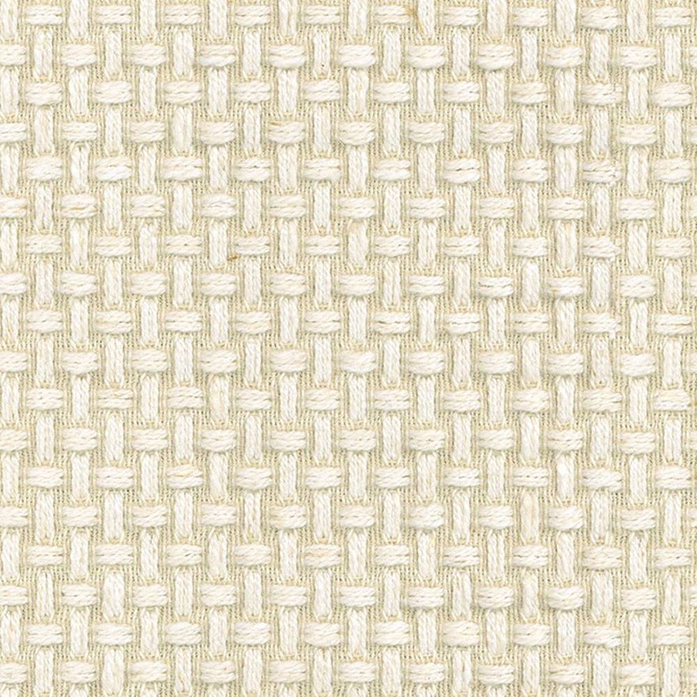 Close-up of cream basketweave upholstery fabric showing textured woven yarns; 30% linen, 65% viscose, 5% polyester blend suitable for contemporary sofas.