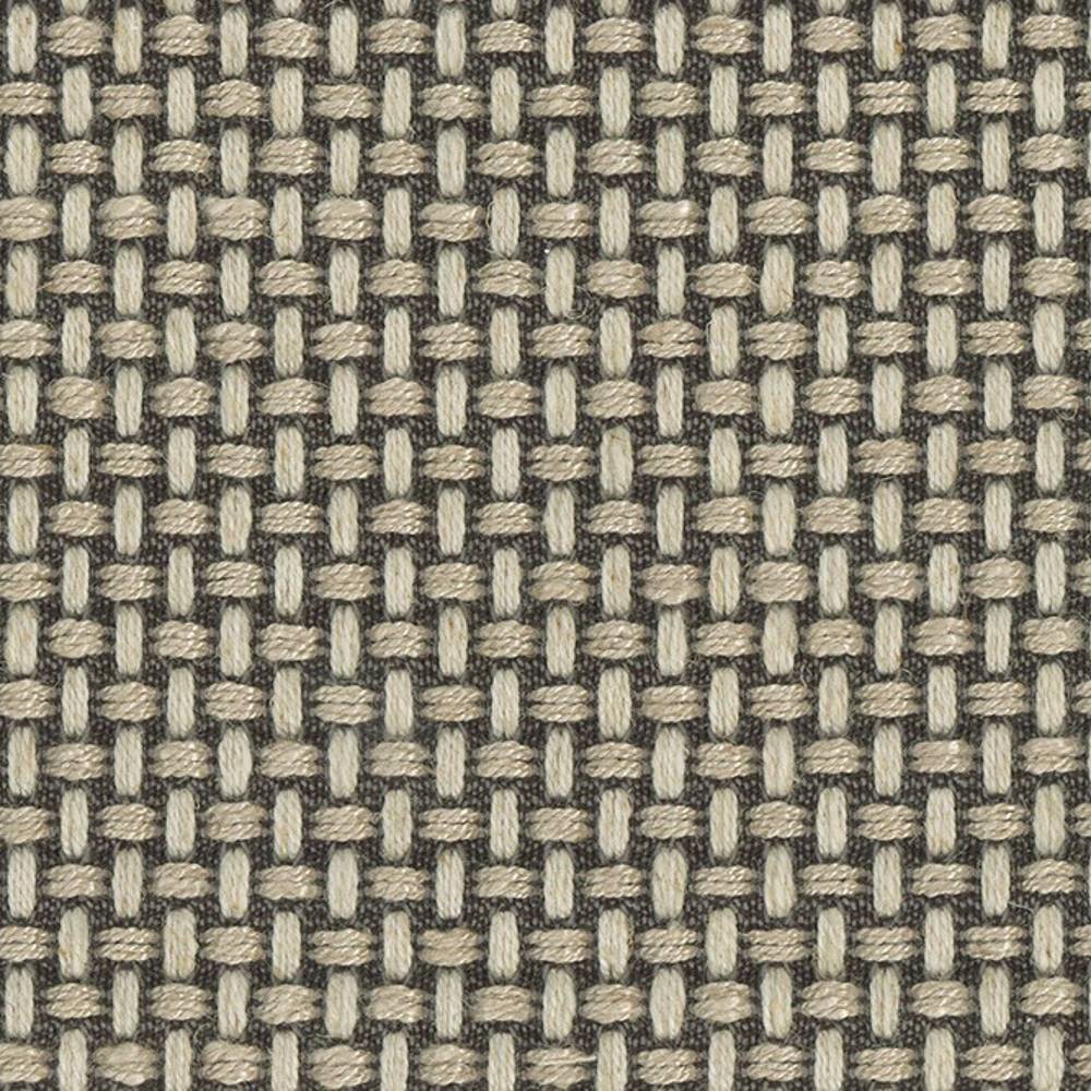 Close-up of neutral linen-viscose upholstery fabric (30% linen, 65% viscose, 5% polyester) showing a basketweave texture of cream and taupe yarns on a dark gray ground, suited for contemporary sofa upholstery.