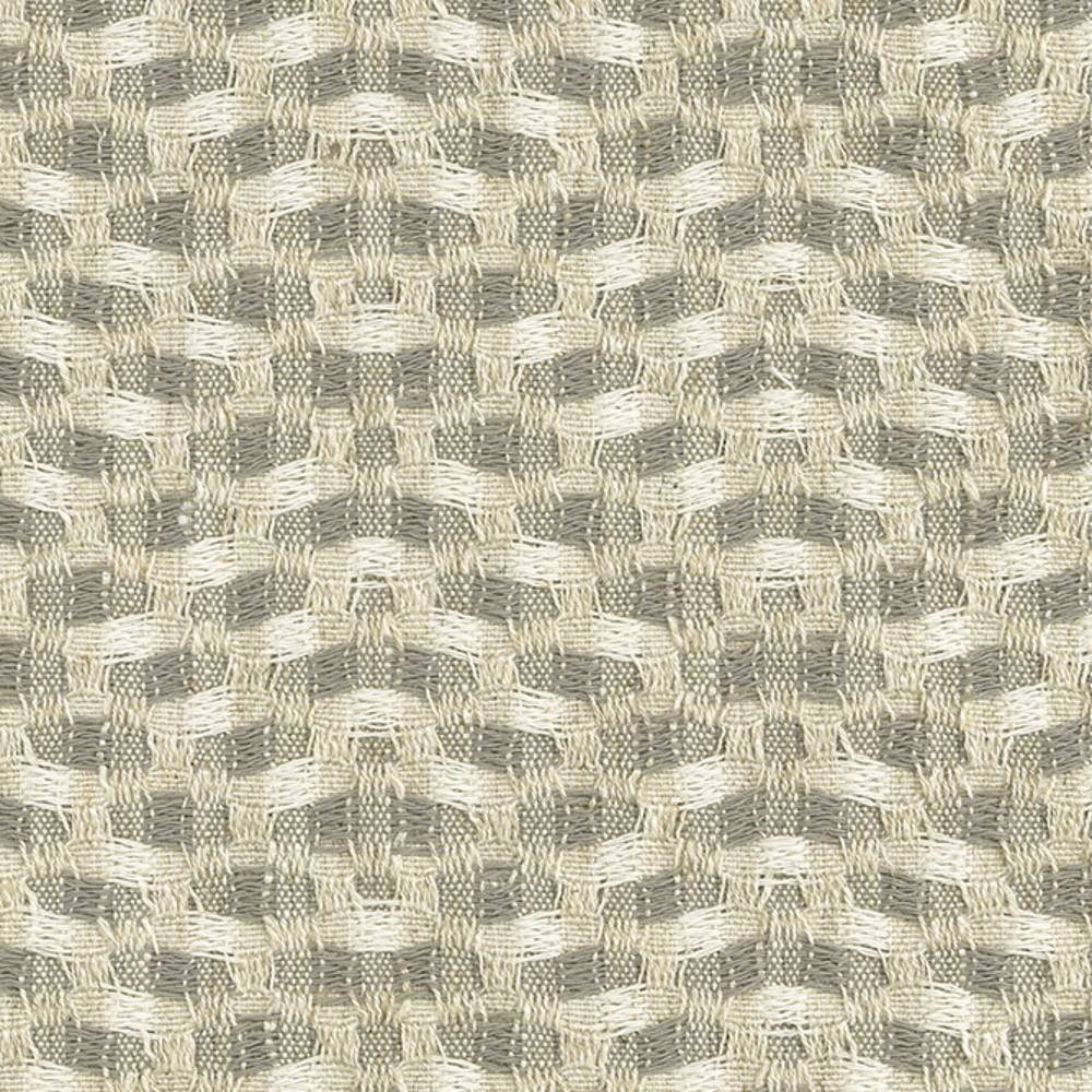 Close-up of a neutral beige and light-gray textured woven upholstery fabric showing a small-scale basket-wave pattern and slub yarns; 10.5% linen, 24.5% rayon and 65% polyester blend.
