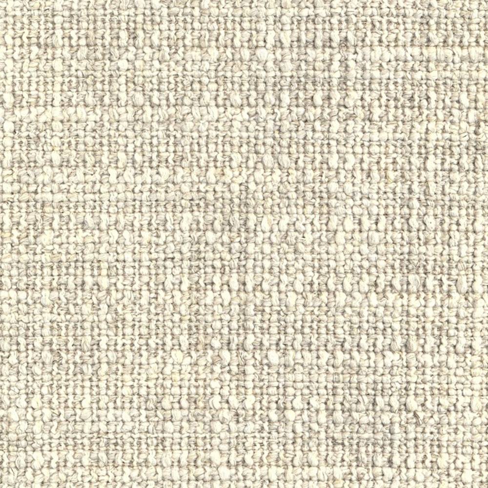 Close-up of cream-beige looped upholstery fabric for sofas, woven from a 14% linen, 16% rayon, 22% acrylic and 48% polyester blend, showing a textured looped weave with subtle neutral flecks.
