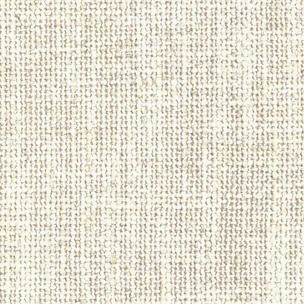 Close-up of light beige woven upholstery fabric showing a looped, textured weave with subtle darker flecks; 10% linen, 14% rayon, 25% acrylic and 51% polyester blend for heavy-duty indoor sofa use.