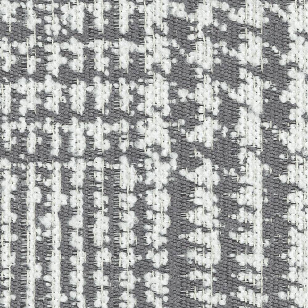 Close-up of contemporary gray upholstery fabric showing irregular white looped texture on a woven base; 29% viscose, 11% acrylic, 60% polyester blend for sofa upholstery.