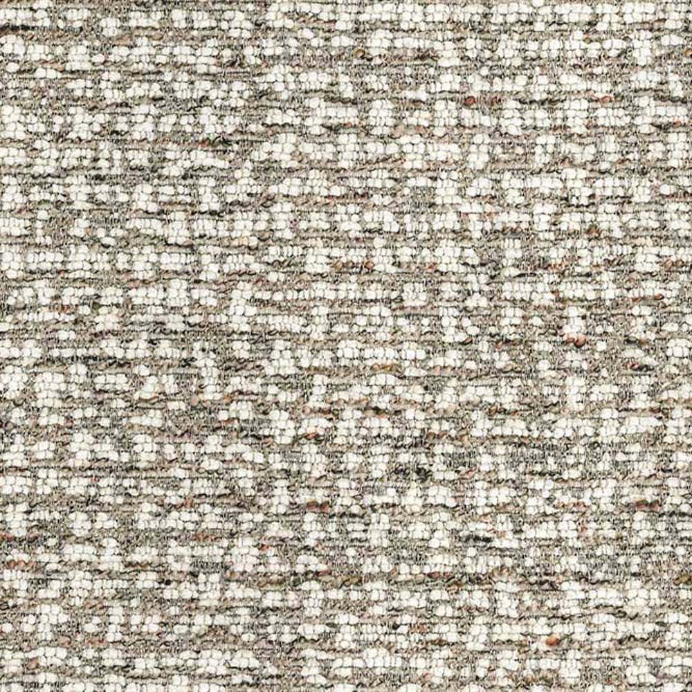 Close-up of neutral beige and gray boucle upholstery fabric showing nubby woven texture; 53% rayon, 15% acrylic, 32% polyester composition, designed for contemporary sofa upholstery.
