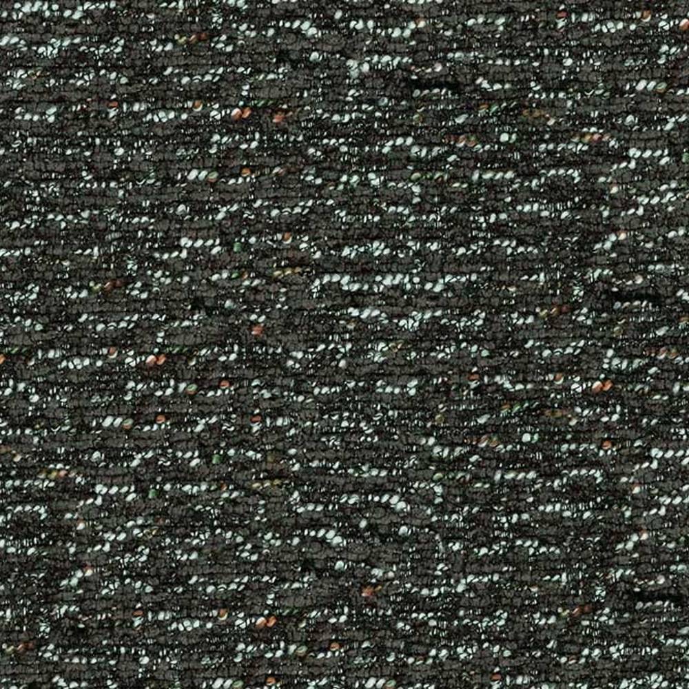 Close-up of dark charcoal boucle upholstery fabric showing looped textured weave with small mint-green and copper flecks; 53% rayon, 15% acrylic, 32% polyester, ideal for contemporary sofas.