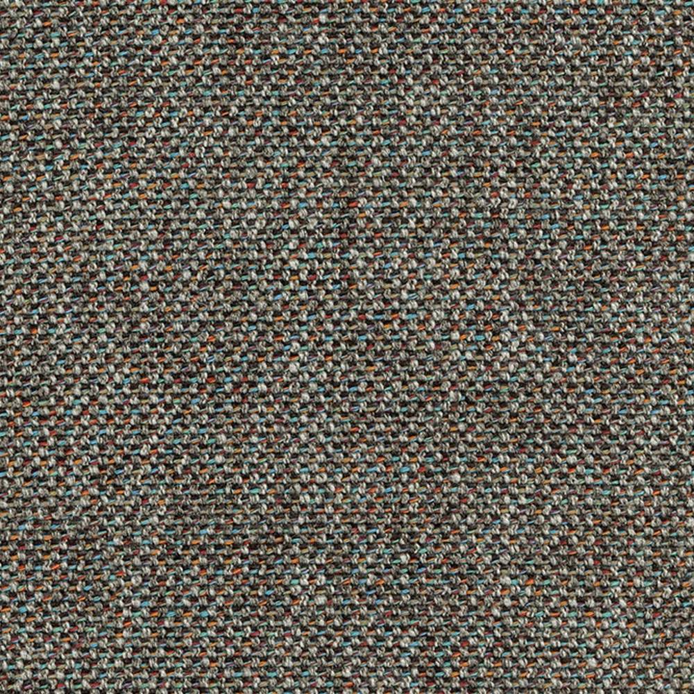 Close-up of a woven beige upholstery fabric swatch showing tight basketweave texture with small blue, orange and brown flecks; 6% linen, 35% rayon, 20% acrylic and 39% polyester blend for contemporary sofas.