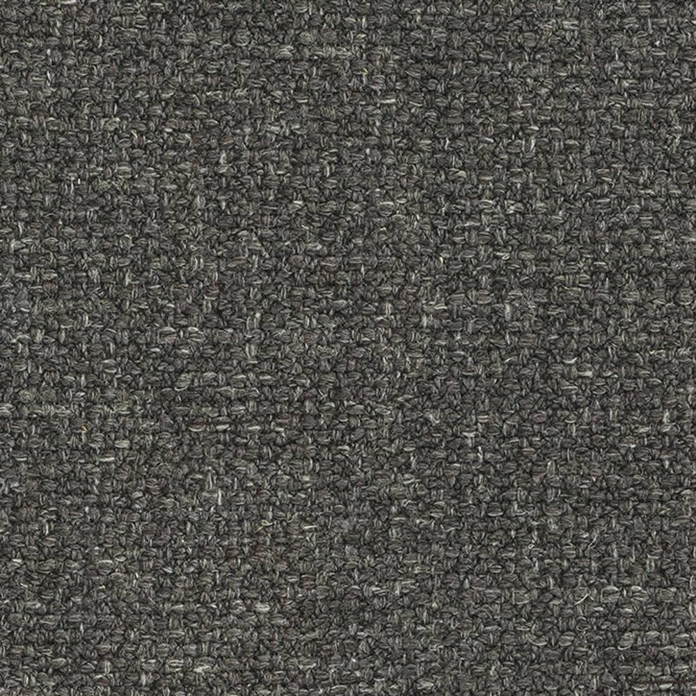Close-up of a dark neutral woven upholstery fabric swatch with a nubby looped texture, made of 13% linen, 45% acrylic and 42% polyester, designed for heavy-duty indoor sofa upholstery.