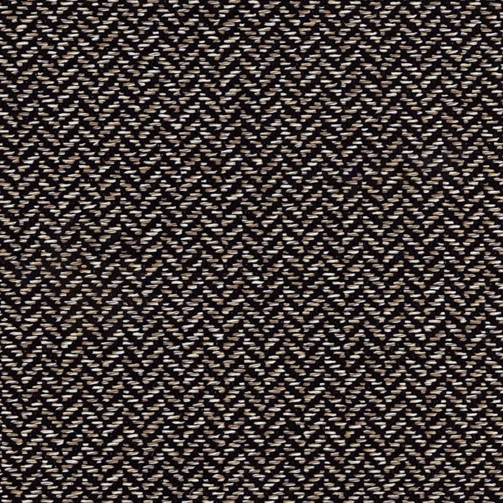 Close-up of woven beige and black herringbone upholstery fabric in a 38% rayon, 62% polyester blend, showing textured weave for contemporary sofas and office seating.