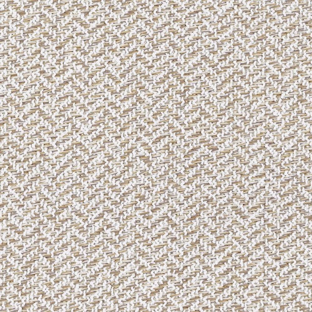 Close-up view of beige and white woven upholstery fabric with a textured basketweave pattern, shown in a 38% rayon, 62% polyester blend suitable for contemporary sofas and office seating.