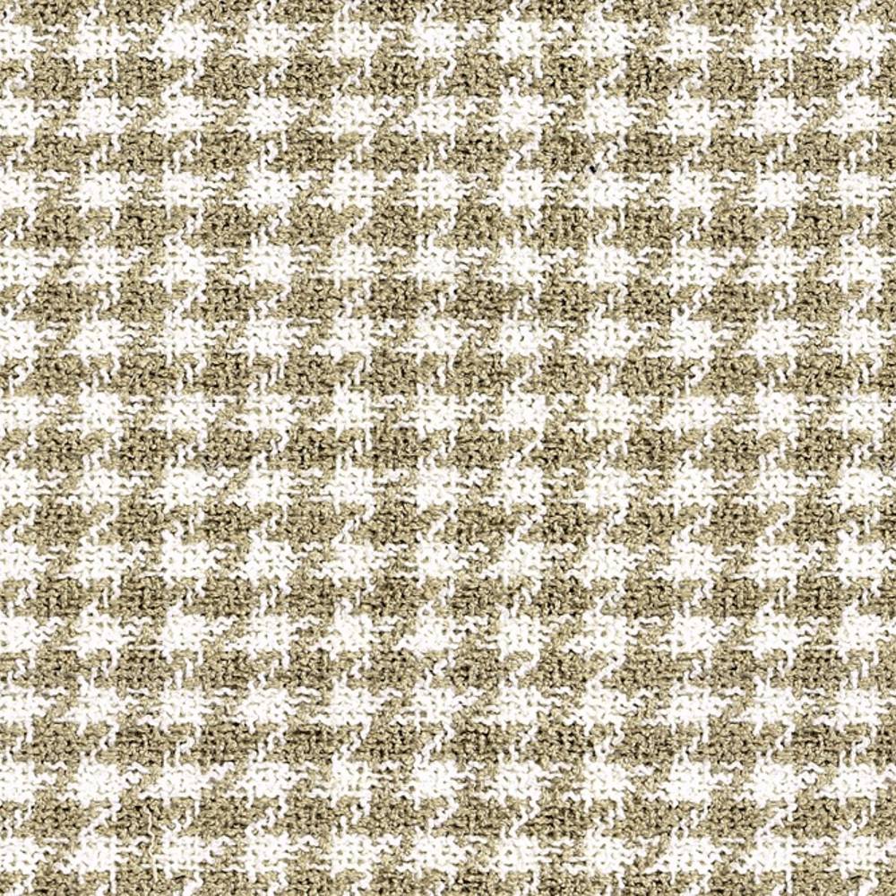 Close-up of a beige and white houndstooth woven upholstery fabric in a 68% rayon, 32% triacetate blend with textured finish, styled for contemporary and modern sofa use.