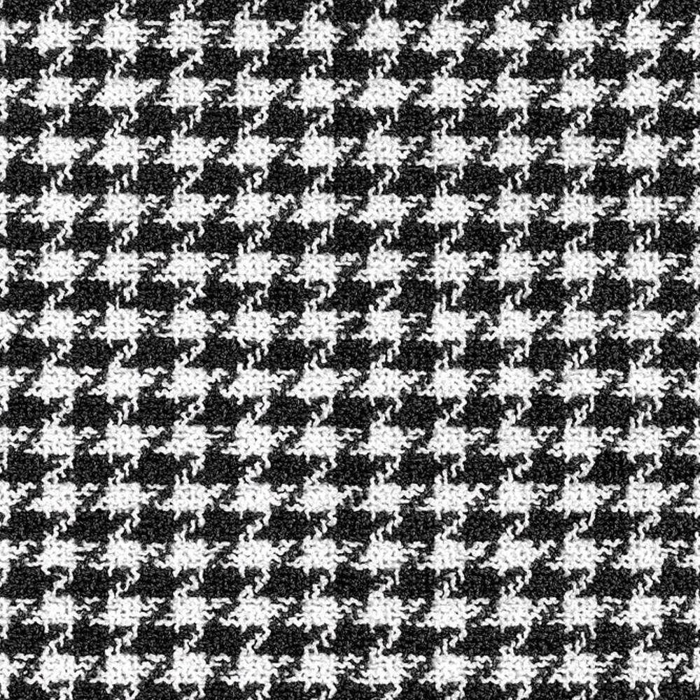 Black-and-white houndstooth upholstery fabric swatch with a textured woven knit, ideal for contemporary or modern sofa upholstery; composition 68% rayon and 32% triacetate.