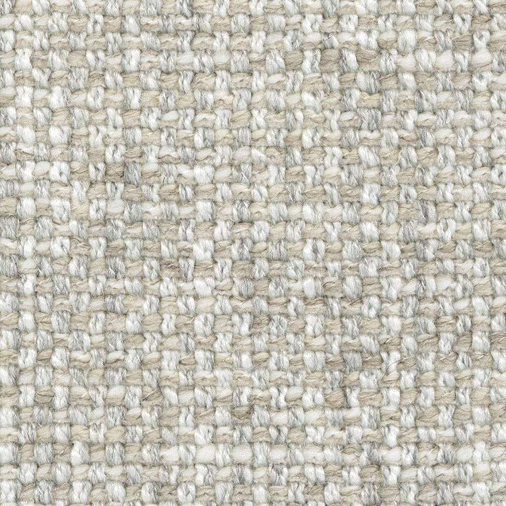 Close-up of cream wool-blend upholstery fabric (17% wool, 10% viscose, 61% acrylic, 12% polyester) showing a textured looped woven surface with neutral beige and white fibers, ideal for sofas.