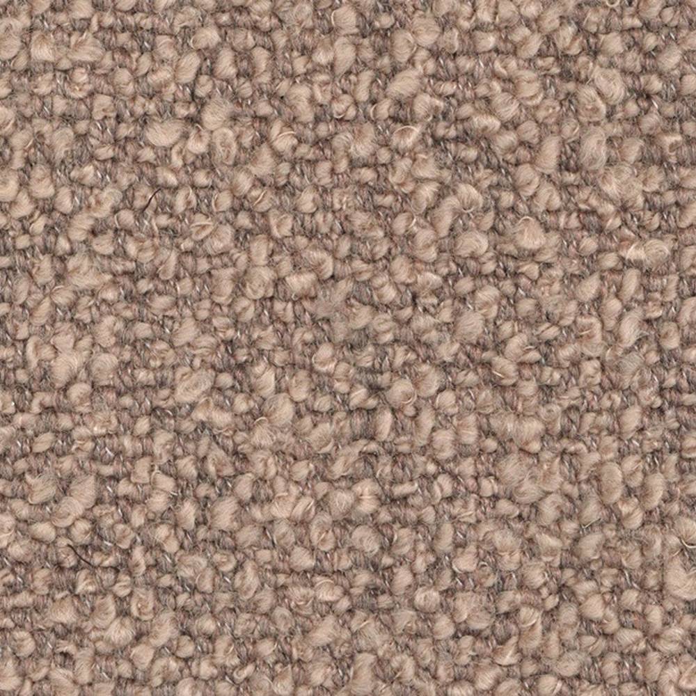 Close-up of neutral taupe boucle upholstery fabric showing tight looped texture in a wool-acrylic-polyester blend (24% wool, 66% acrylic, 10% polyester), ideal for contemporary sofa upholstery.