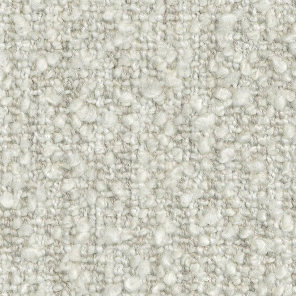 Close-up of cream off-white boucle upholstery fabric showing soft looped texture in a 24% wool, 66% acrylic, 10% polyester blend, ideal for modern and contemporary sofas.