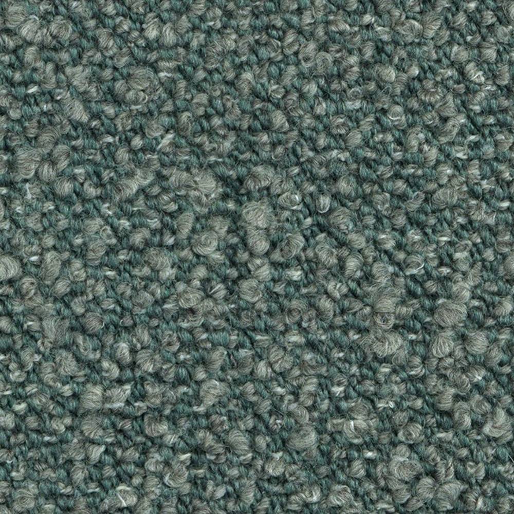 Close-up of teal-gray bouclé upholstery fabric showing dense looped texture and subtle color variation; wool-blend woven material (wool, acrylic, polyester) suitable for contemporary sofas.