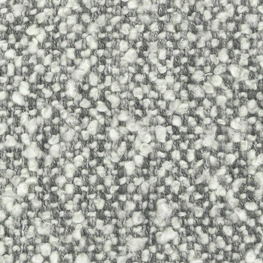 Close-up of white and light-gray boucle upholstery fabric in a neutral woven wool-acrylic-polyester blend, showing looped textured surface ideal for contemporary and modern sofas.