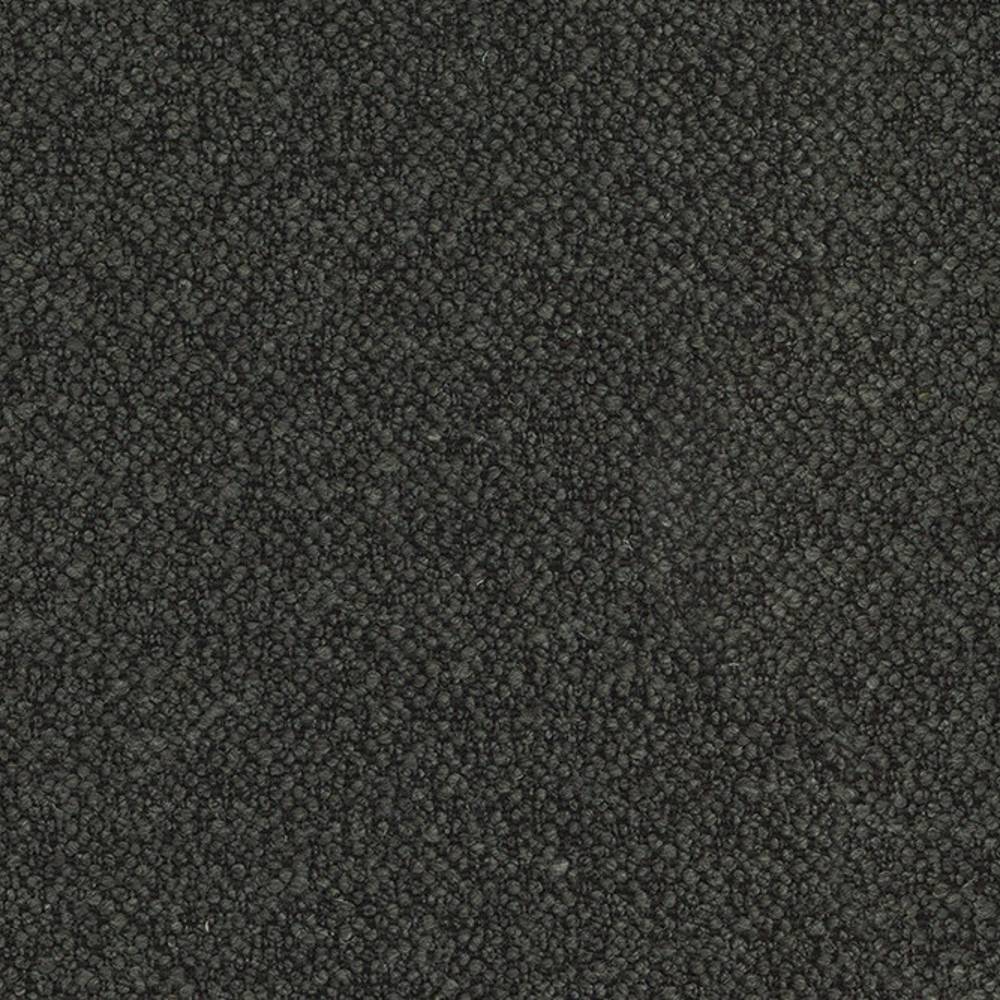Close-up of charcoal boucle upholstery fabric showing dense looped texture; 14% wool, 22% acrylic and 64% polyester blend designed for modern sofa upholstery.